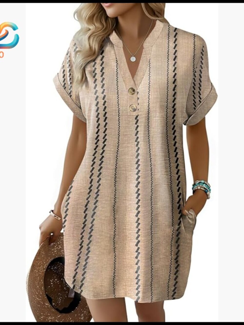 Striped V-Neck Button Casual Summer Dress with Pockets